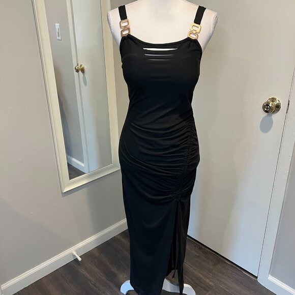 Chic Me Black Ladder cutout Slit Gold Buckle Ruched bodycon Dress, Size Medium - Picture 2 of 16